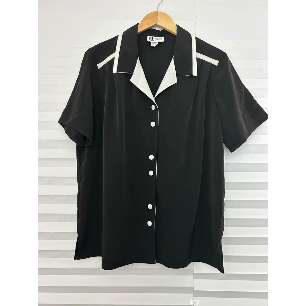 Maggie Sweet Womens Black White Contrast Trim Short Sleeve Button Down Shirt L